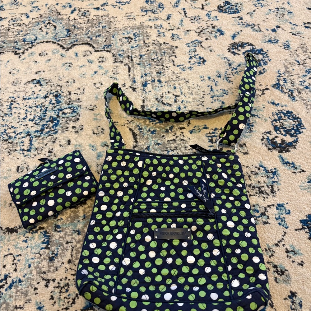 Vera Bradley crossbody and matching wallet. Navy and green white polka dots.
